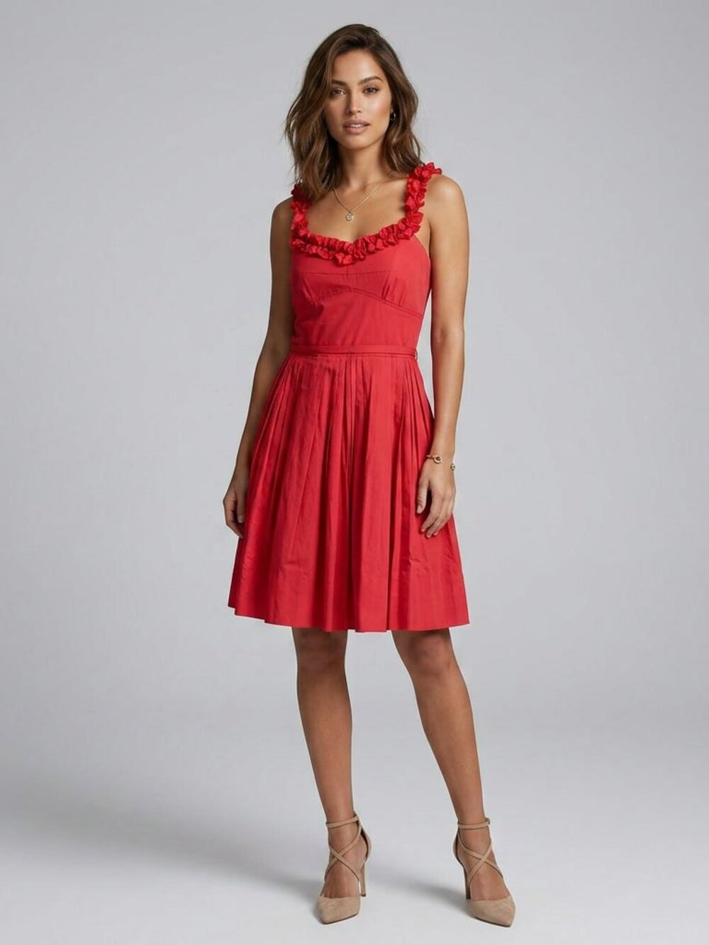 Sonia by Sonia Rykiel 100% Cotton Pleated Red Ruffle Dress Size FR 40 or US M